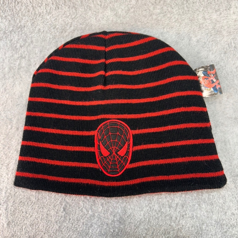 Spider-Man Mask Boys Black Marvel Beanie Reversible Striped Knit Hat OSFM